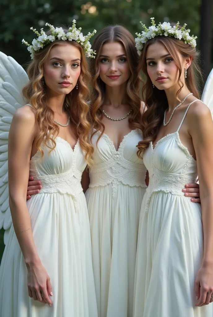 there are three women dressed in white posing for a pictu re, cursed photography, cursed image, angels in white gau ze dresses, renaissance themed, angel themed, low qualit y photo, ghosts in the background, dancing in the backgro und, very very low qualit...