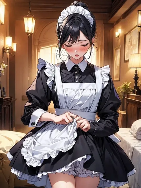 One girl, black hair, ponytail, BREAK, (traditional maid dress:1.4), BREAK, (skirt lifting, lifted by self:1.4), (show white ruffle bloomers,:1.4), blushing face, opening mouth, closing eyes, living room, 