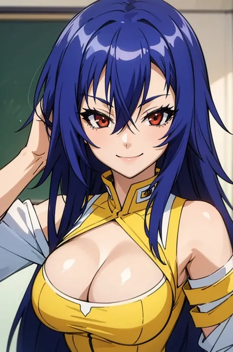 the best quality, masterpiece, retrato, 1 girl, Kurokami Medaka ,  red eyes, by the blue,  long hair, choke, Big breasts, ,  pronounced neckline ,  clothing trim ,  pleated skirt , classroom, looking at the spectator,  smile,
