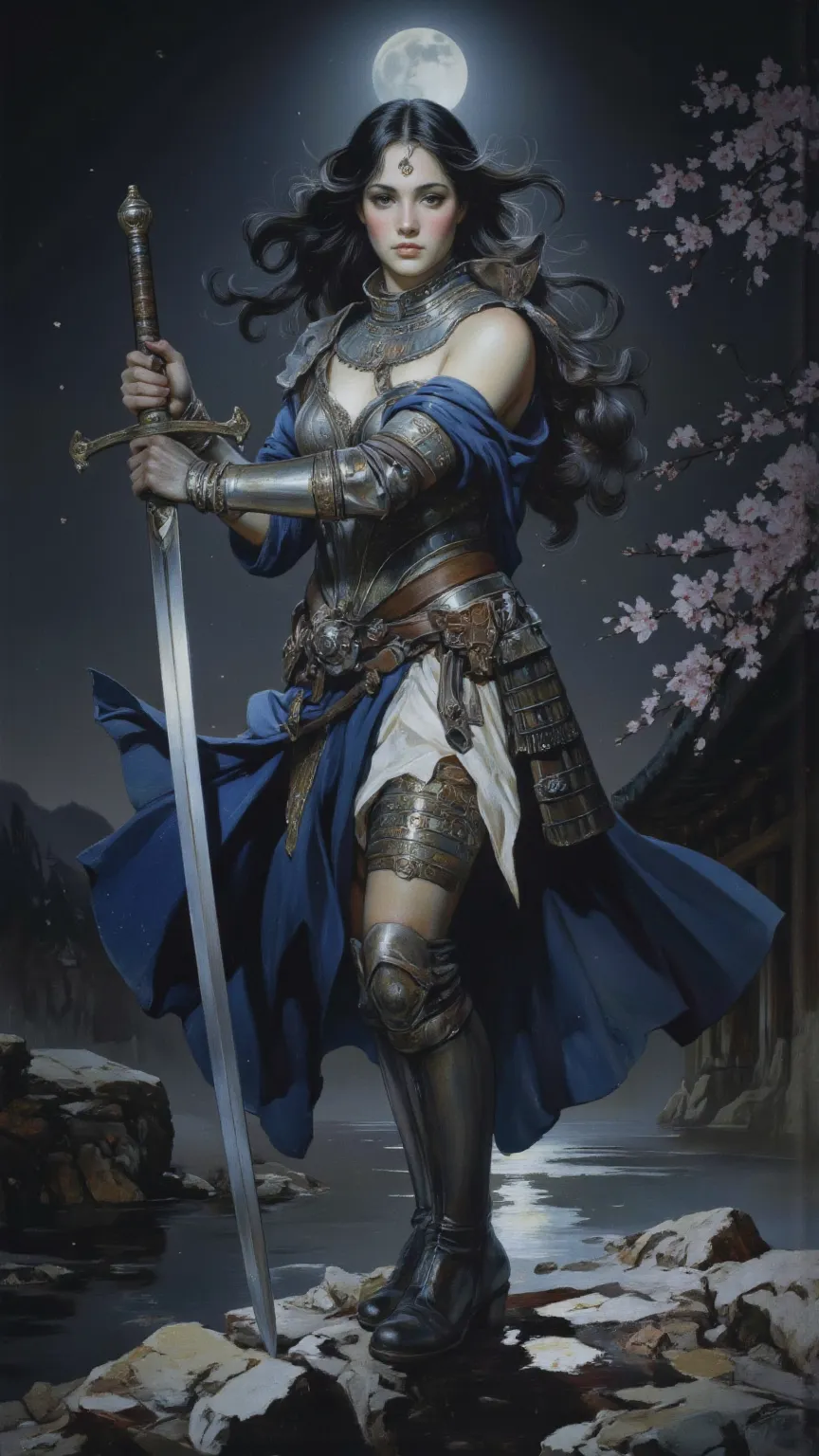 Valkyrie，Japan,alone, dark hair,sword, Battle Pose ,