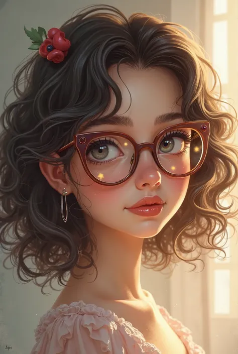 Drawing of a brunette girl with curly hair and glasses and light eyes