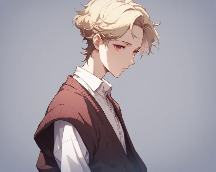 1 man, slender figure,simple background,  Blonde Shortcut ,Outward curled hair, red eyes,  white shirt and cardigan ,illustration style