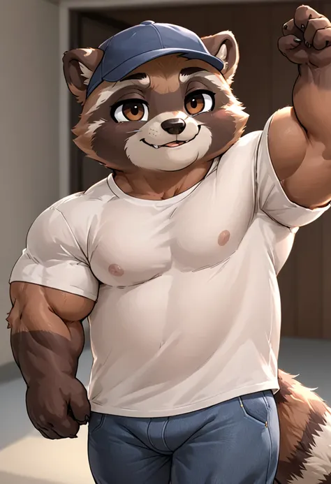 Small male raccoon with very very very very large muscles and very very very very very huge and gray fur and cute brown eyes and he is wearing a shirt , pants and a cap and his muscles are well toned and well defined and he is a boy and he is very cute.