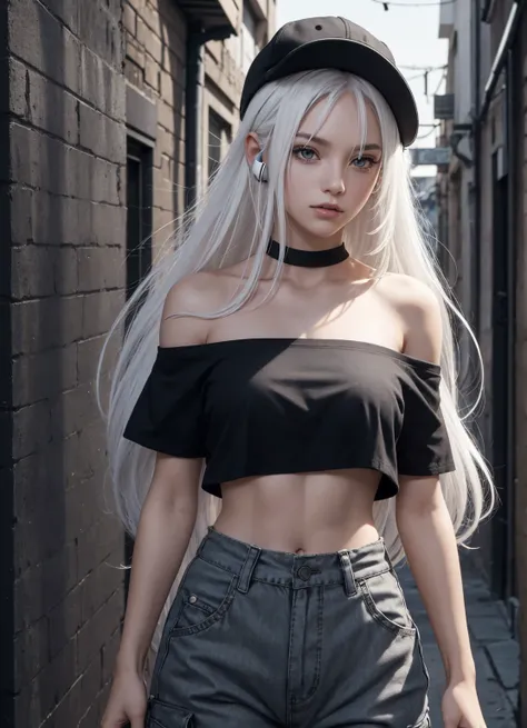 
“Create a high-resolution image of a character with long white hair wearing a cap. They are dressed in an off-shoulder black crop top shirt with the word ‘ROCK’ in white letters on the chest. The character has tattoos on their arm and is wearing loose-fit...