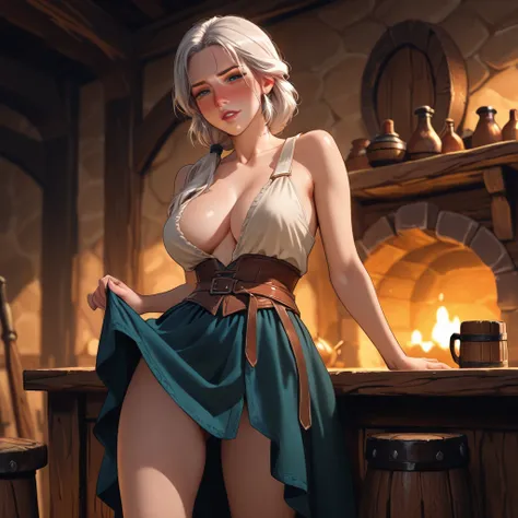  Anime girl, high quality, with big partially naked tits , in the form of a witcher, drunk in a tavern, skirt lifted up side view
