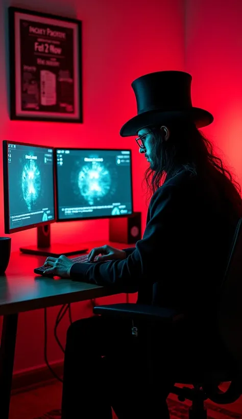 a powerful computer with two screens coming out of the screen together and a Neo-style top hat racker from the Matrix, showing a highly profitable WordPress sales page, the computer is of high quality cyber punk style the room around the computer is neon r...