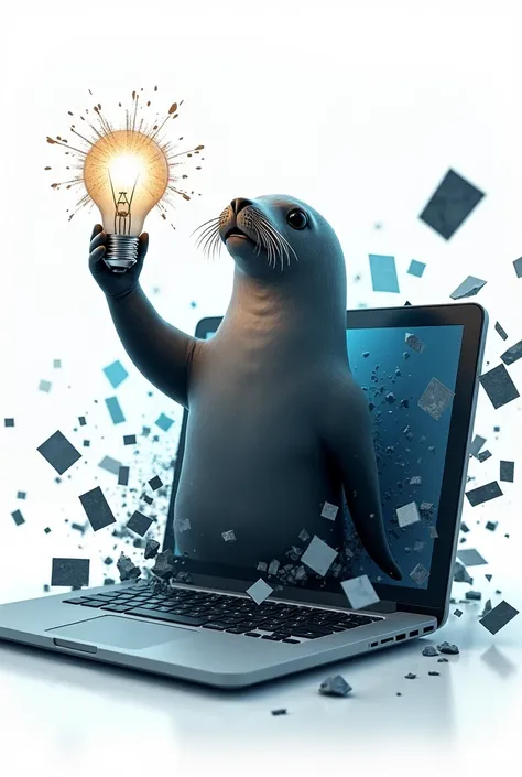 Generate a highly detailed 3D cinematic render featuring a humanized seal emerging dramatically from a crashed computer screen. The seal should have a confident, determined expression and be holding an exploding lightbulb in one hand. Integrate dynamic eff...