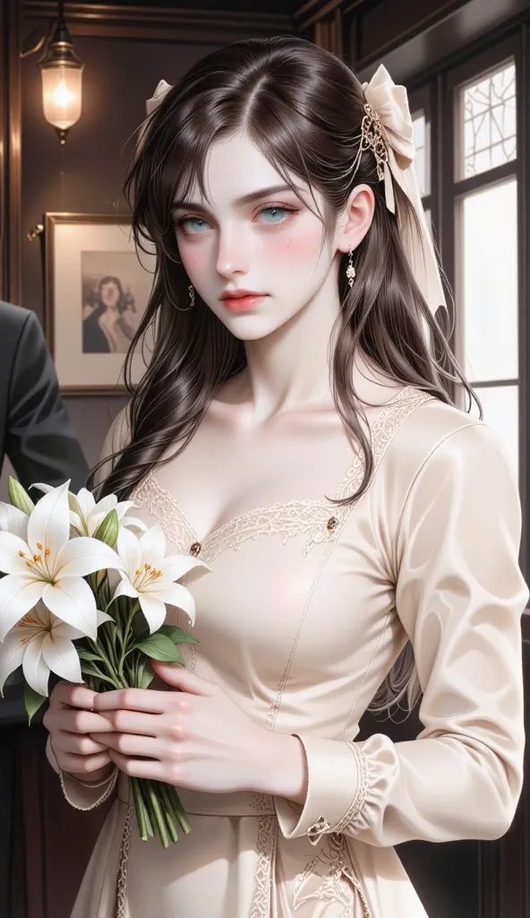 Character Description:
A young woman with a delicate and refined beauty, exuding an air of grace and elegance. Her fair complexion glows softly under the ambient light, highlighting her large, light-colored eyes, framed by long, curled lashes. Her well-def...