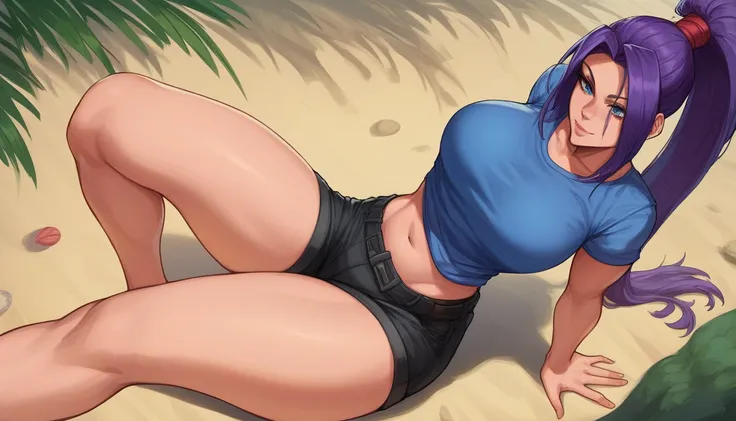 Mulher em pose de pulo em  Perspective na diagonal, left leg stepping on the floor,  flexed right leg , loose and relaxed arms, Jumping big breasts, lips, relaxing, psylocke_mvr , blue eyes, purple hair, high ponytail, parted bangs, long hair,  Chest, bang...