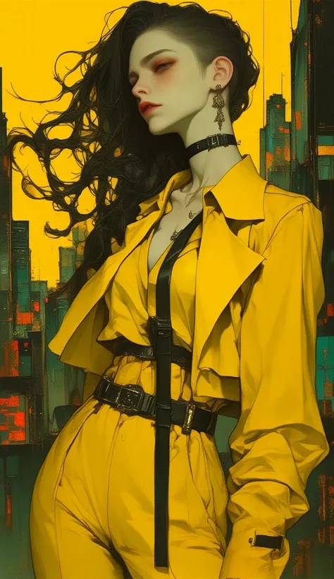  a woman dressed in a yellow suit  ,  wide pants with long black belts ,  she carries a hand to her head ,  as if accommodating her hair , She has a very long braid ,  pose of dynamic and sensual action posing for a photo,  photograph of a woman in technol...