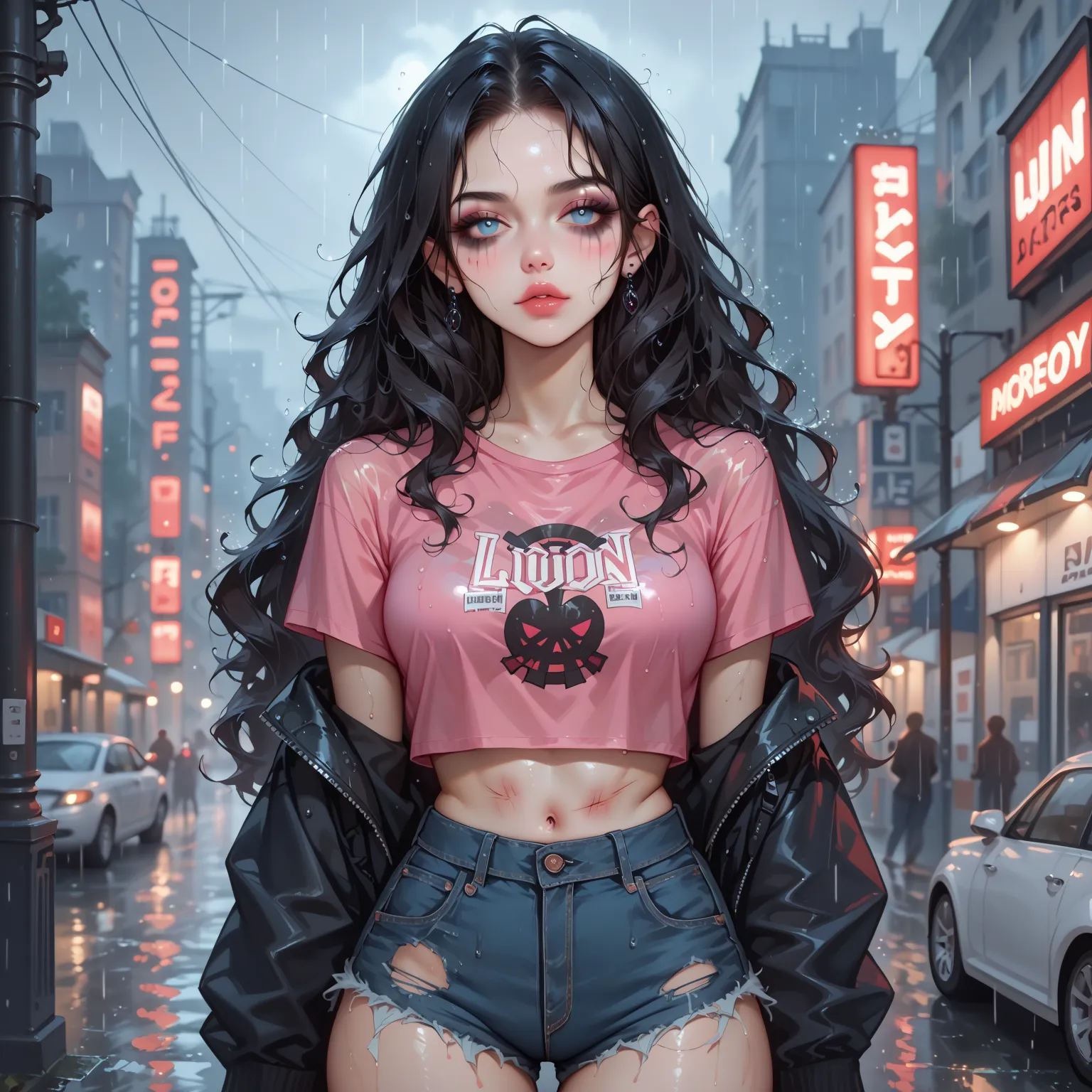 1woman, (modern rooftop background:1.5), long black wavy hair with messy unkept bangs, bruised body with subtle makeup and color-corrected skin, heroin-chic aesthetic, wearing elbow warmers to conceal track marks, frayed jean shorts, dark pink crop top, em...