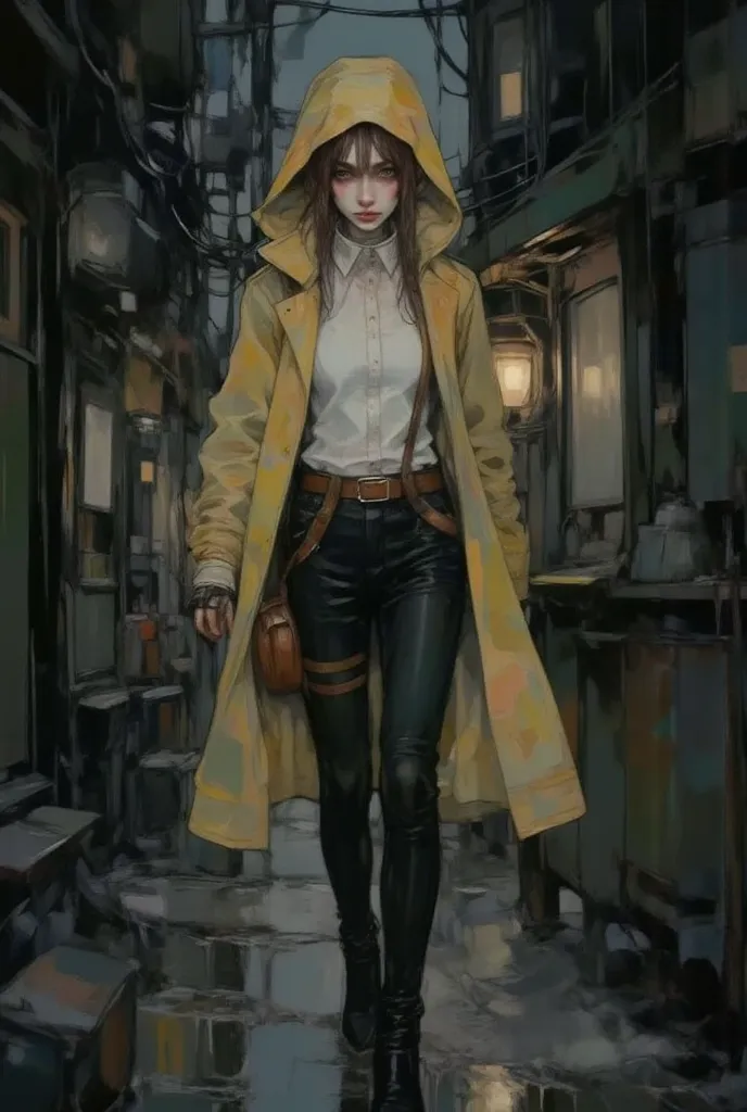  walking up to the camera,  flat large general full body :1.5, a woman in a yellow hooded raincoat walking in the rain, cyberpunk urban clothing, wearing cyberpunk urban clothing,  photograph of a woman wearing technological clothing ,  El atuendo de cyber...