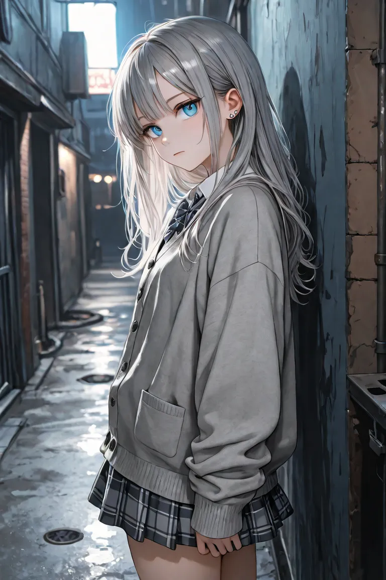 gray hair in the dark bedroom、long hair 、 blue eyes、Back Alley、night、beautiful、oversized cardigan、Grey checked mini skirt、 expressionless、 holding a used condom 