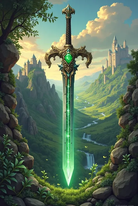 Book cover with sword and emerald  Hanging on a chain The novel talks about a kingdom in the Middle Ages Fantasy themed