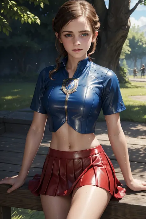 masterpiece.  4k. highly detailed epic fantasy oil painting of two beautiful 12yoEmma Watson. smile sparkly blue eyes, freckles. detailed stylish suit,
  shiny reflective red leather pleated skirt the summer.  crop top shirt. athletic. Hyrule motif. sittin...