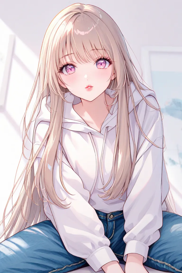 watercolor、Shiny feel、 illustrations、1 girl、 beautiful face、cute、Room background 、sofa、beige hair 、 long straight hair、light pink eyes、Super droopy eyes、 white hoodie、 denim pants、pink cheeks、 small lips by Telebi、pink lips、 from afar、