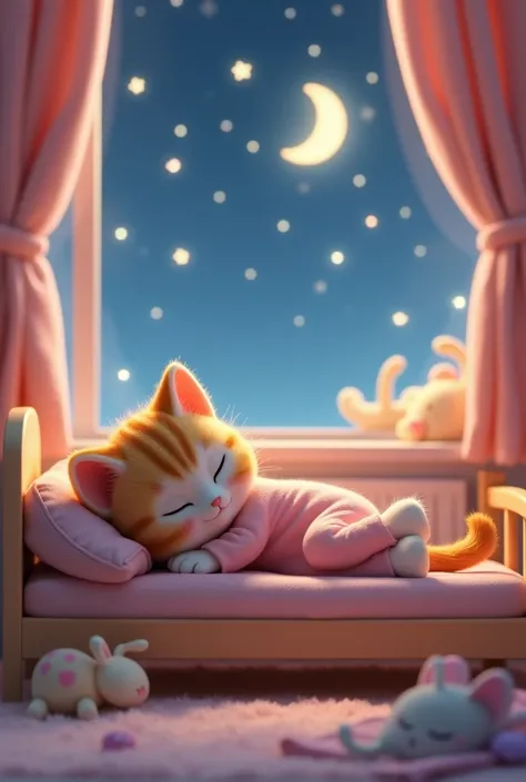 "A 3D-rendered scene featuring an athletic anthropomorphic kitten sleeping peacefully in a cozy baby room. The kitten has soft fur, wears cute pajamas, and rests in a small bed surrounded by plush toys and blankets. The room has a warm, soft glow. In the b...