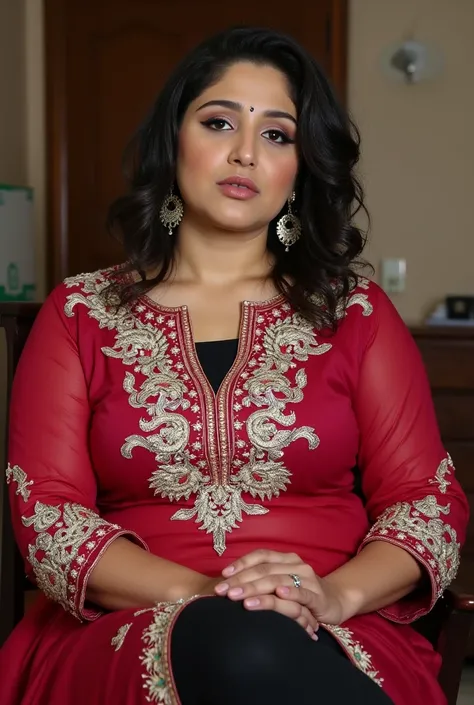 


 ((32K, top-quality:1.5, masterpiece, A high resolution, Photorealsitic)), A beautiful young Pakistan's chubby,40 years old , bindi and light lips woman wearing  ruby white colour sleeveless embroidery kurti and black colour knee length glued leggings. ...