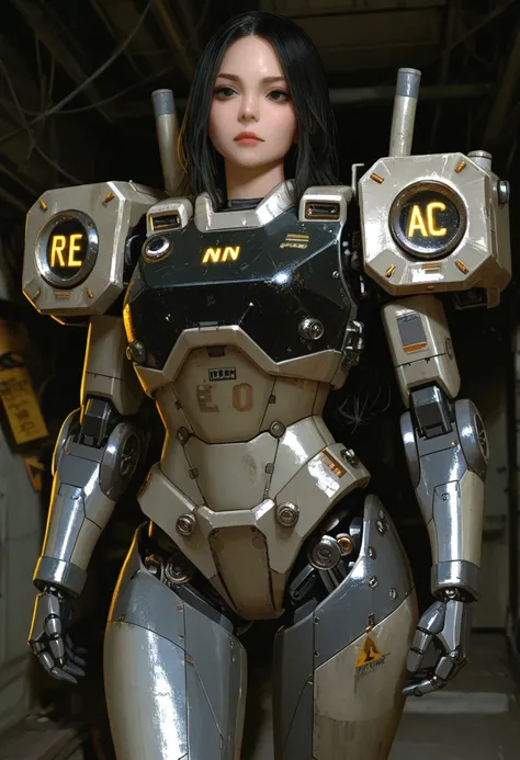 Beautiful tall woman in robotic armor with super realistic and well detailed black hair,nuclear energy,