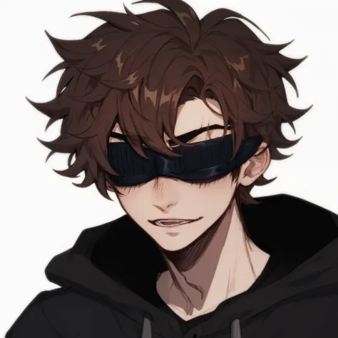 1boy, grunge, sketchy lines, messy/fluffy/curly/wavy hair, brown hair, black eyes hoodie blue blindfold