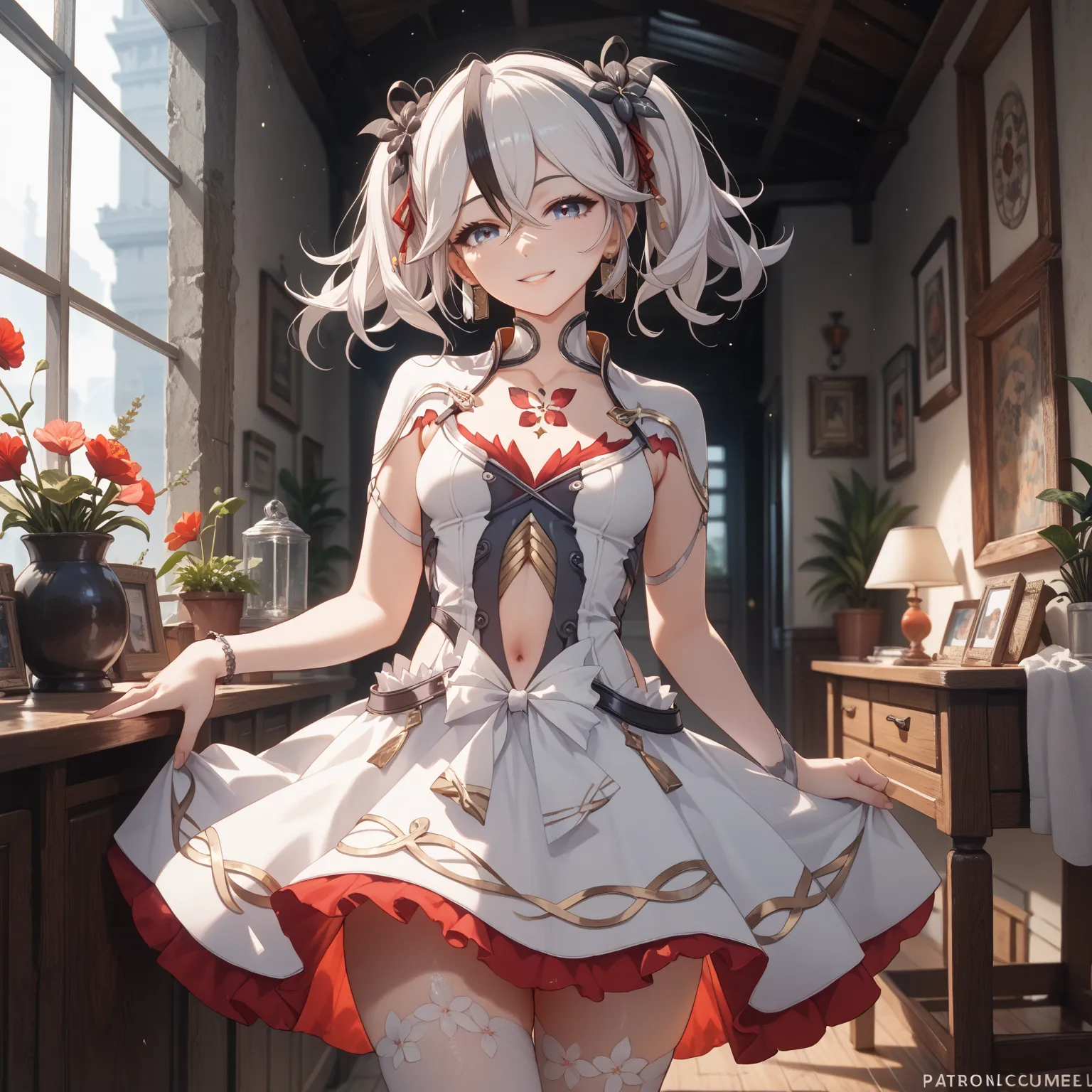 camellya, long hair, twisted hair, blue eyes, twintails, white hair, black streaks, hair flower, dress, white dress, jewelry , light smile, navel cutout, clothing cutout, flower thighhigh, white thighhigh, thigh gap, glossy skin, glistening skin, looking a...