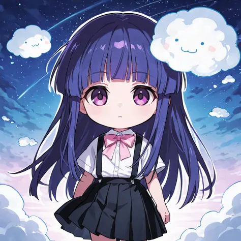  chibi,  1 girl, Alone, rika furude, long hair, bangs, blue hair, purple eyes, blunt bangs, purple hair,skirt, shirt, bow, school uniform, white shirt, short sleeves, pleated skirt, bowtie, black skirt, suspenders, pink bow, suspender skirt
 BREAK
夜空, Star...