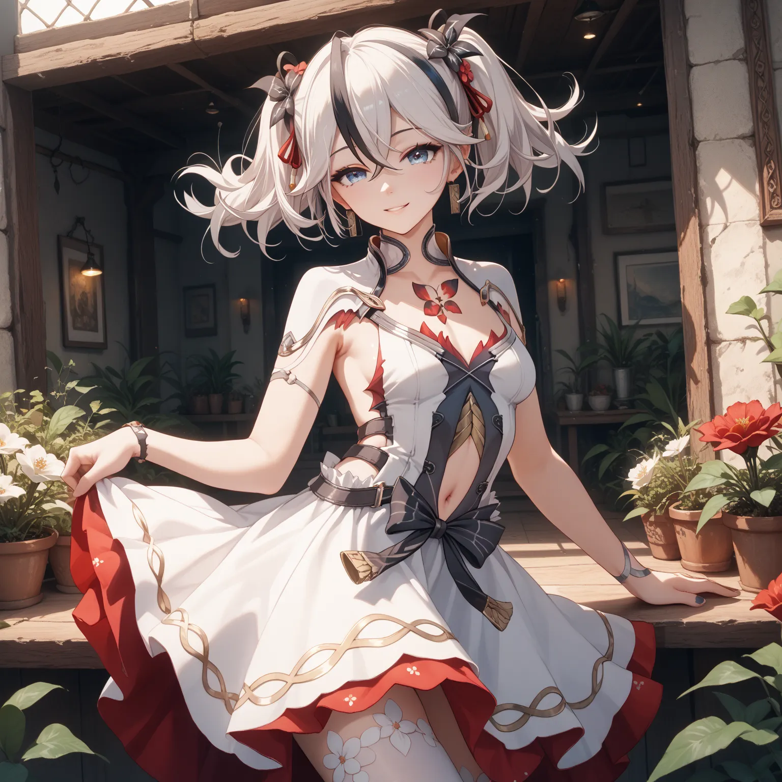 camellya, long hair, twisted hair, blue eyes, twintails, white hair, black streaks, hair flower, dress, white dress, jewelry , light smile, navel cutout, clothing cutout, flower thighhigh, white thighhigh, glossy skin, glistening skin, looking at viewer, T...