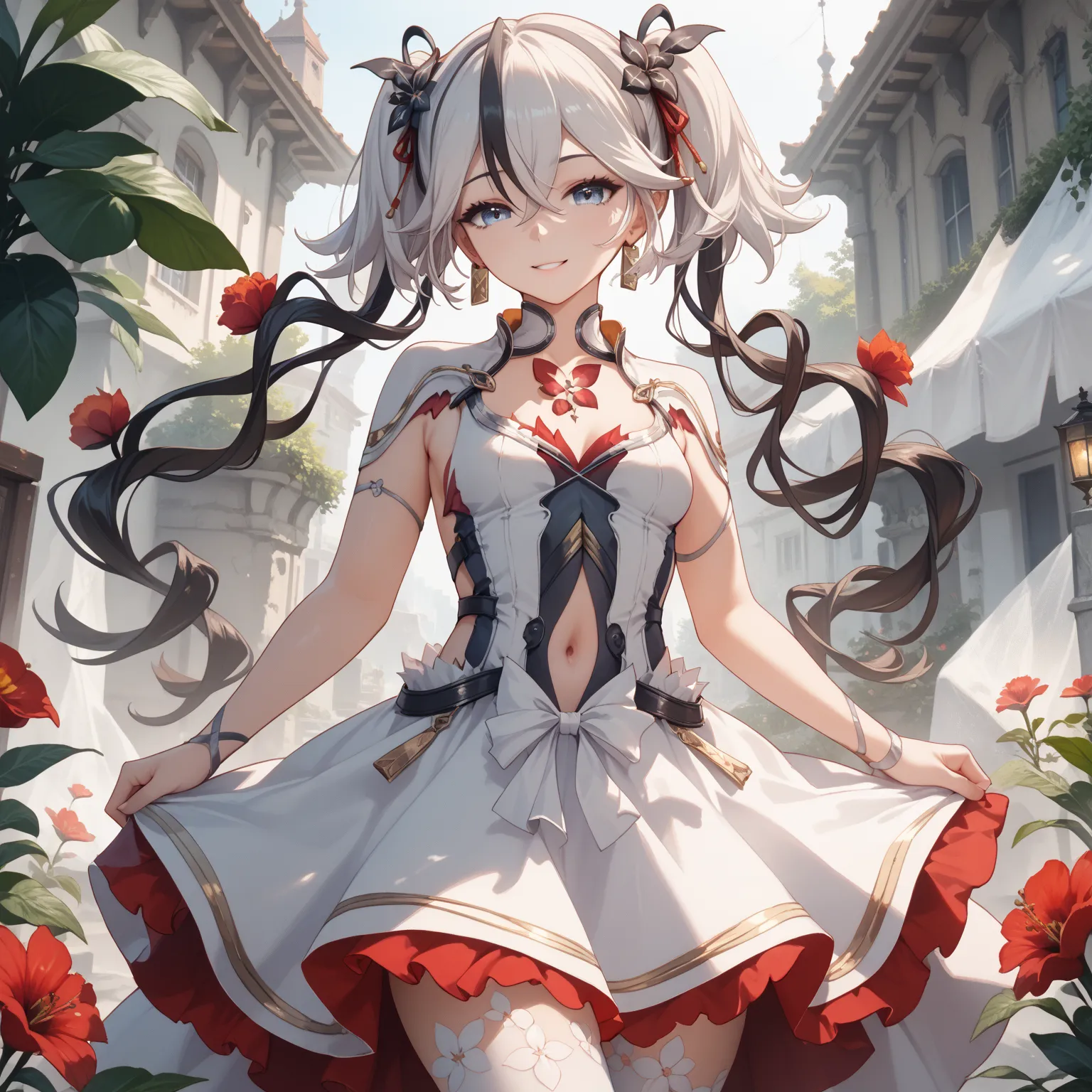 camellya, long hair, twisted hair, blue eyes, twintails, white hair, black streaks, hair flower, dress, white dress, jewelry , light smile, navel cutout, clothing cutout, flower thighhigh, white thighhigh, glossy skin, glistening skin, looking at viewer, T...