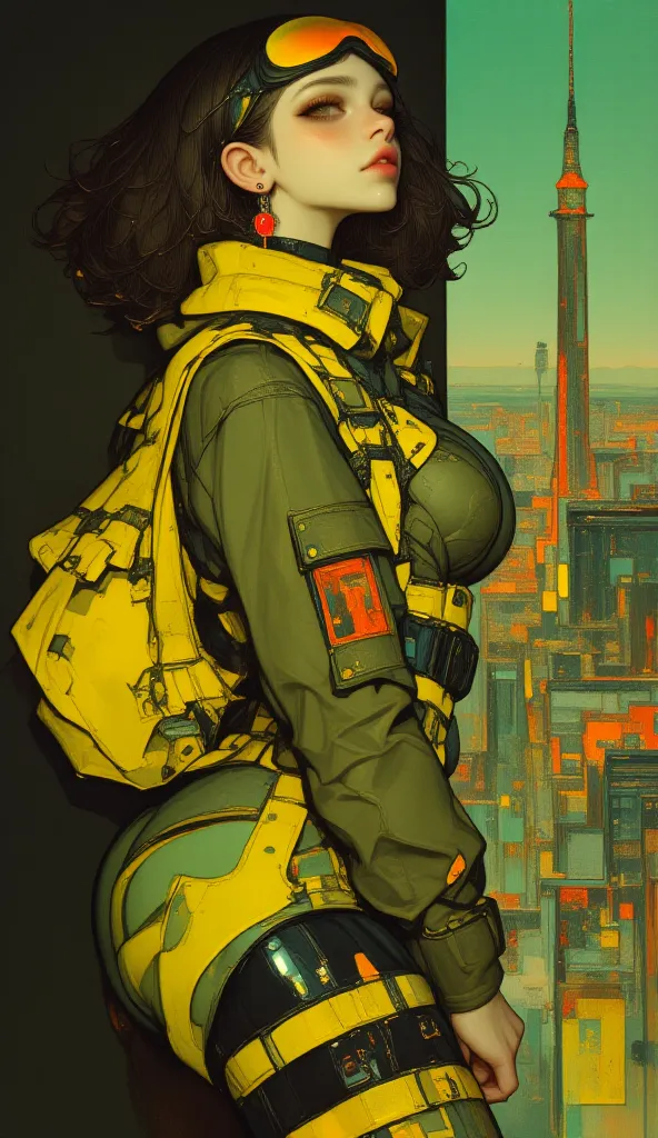    a woman dressed in an olive green outfit posing for a photo,     photograph of a woman wearing technological clothing    ,    cargo pants.    CYBERPUNK CITY, Yellow spacesuit, yellow mono, Female main character, Cyberpunk 20 years.  o girl model    , Re...