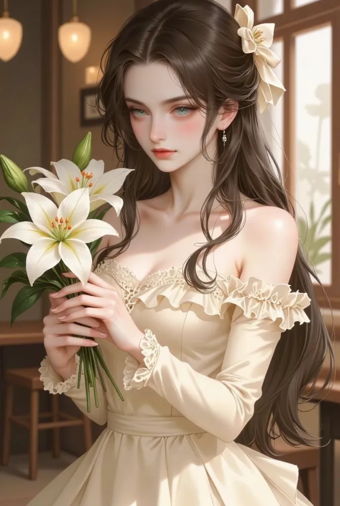 Character Description:
A young woman with a delicate and refined beauty, exuding an air of grace and elegance. Her fair complexion glows softly under the ambient light, highlighting her large, light-colored eyes, framed by long, curled lashes. Her well-def...