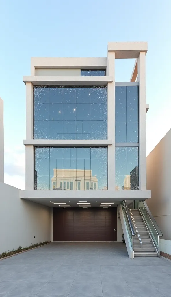 El moEnhance quality, architectural façade, vehicle parking on the first level. Beneath the stairs a pedestrian walkway. Ultra-high quality and realistic.delo lleva gafas de sol de cristal con estrellas y la luna en el cristal