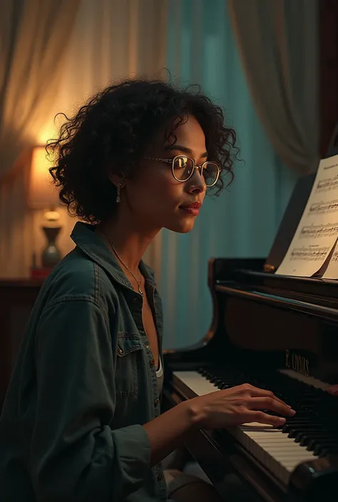 I am 54 years old, Brazilian mixed race, medium and curly hair, with glasses. In a room with a piano and full of ren singing. With notes and guidelines oh come back