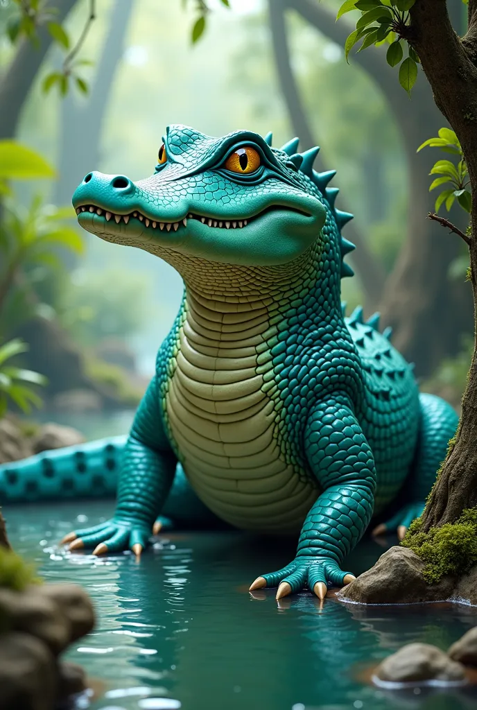 A beautiful fantastic crocodile of bright turquoise color that is very modest
