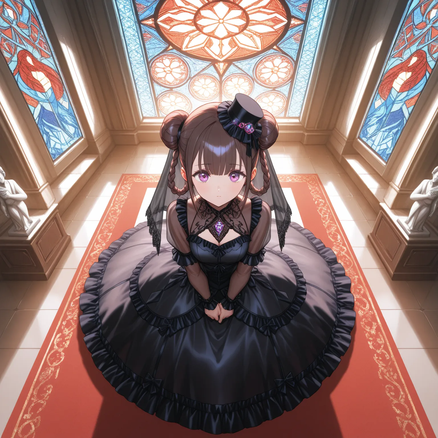 (Intricate:1.5), (ultra detailed:1.3), (super fine illustration), (extremely detailed CG), (minihat:1.2\tulle), BREAK, 1girl\braids, twin tails, bun\gothic dress\((see-through)) veil, (masterpiece:1.2), (bestquality:1.2), (gorgeous:1.5), (delicate:1.3), (m...