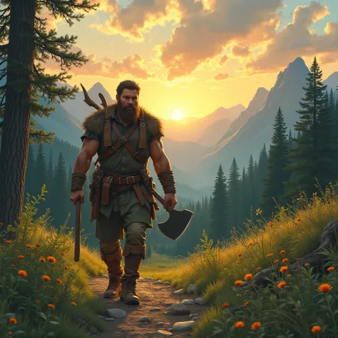 The image shows a general plan of a landscape, In the center of the image walks a strong man dressed as a woodsman with a beard, Walk over there, He carries an axe and a cross. Walk into a lush forest in the background. And more at anchor some mountains th...