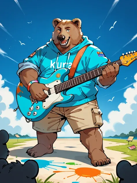 Fat chubby male bear wearing a hoodie with sleeves rolled up and cargo shorts, no shoes, playing the electric guitar, paint splatter all around, in a dynamic pose, upper body frame.