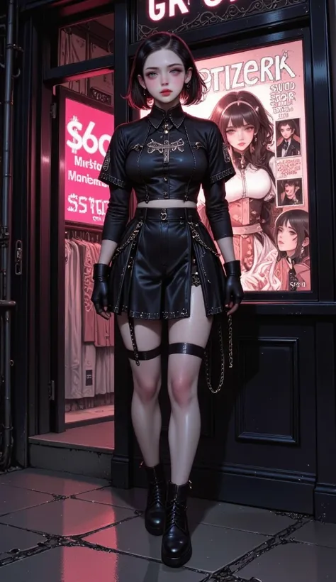 Anime girl in a black outfit standing in front of a store, dressed in punk clothes,  anime girl dressed in a black dress , dressed in crustpunk clothing ,   goth anime girl , Who wears a punk outfit , rosa and black,  anime character;  full body art , 80&#...