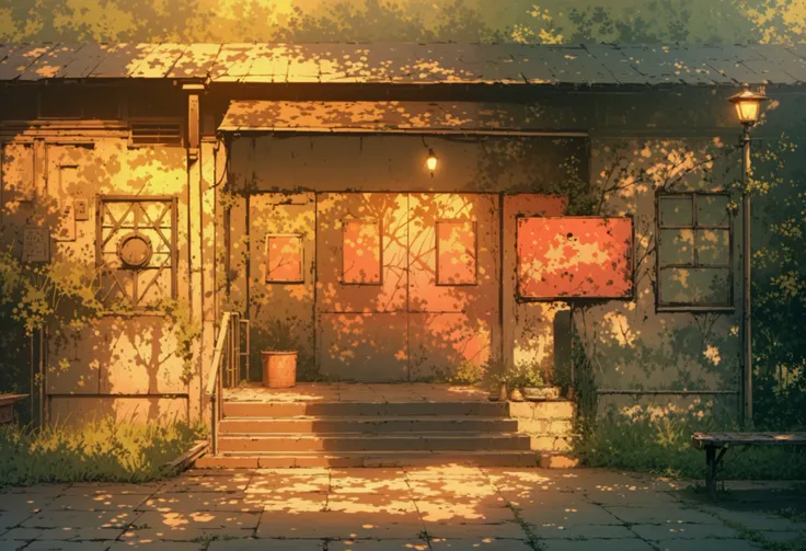 (((pastel colors)), A small, old building with a rusted metal roof, bathed in the warm golden light of late afternoon or early evening. The front entrance has a short flight of concrete stairs with a metal railing leading up to a set of double doors with s...