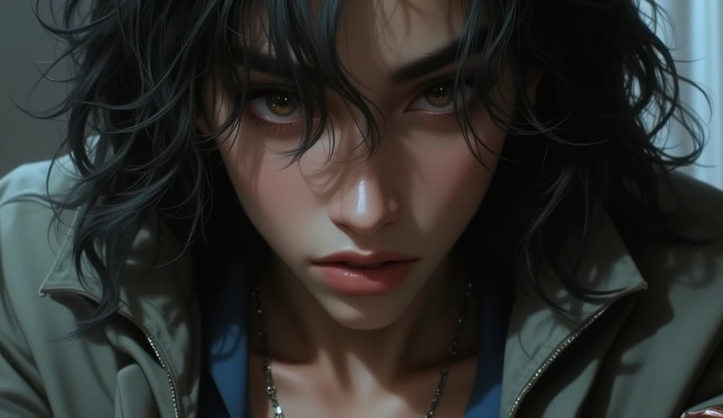 A close-up of Isabella's face: Isabelle, a 16-year-old black girl with long, frizzy hair, wearing a jacket, jeans, dress and a blue dress, a mixture of anger and determination in her eyes. She squeezes a pencil tightly as she looks at her stalkers.