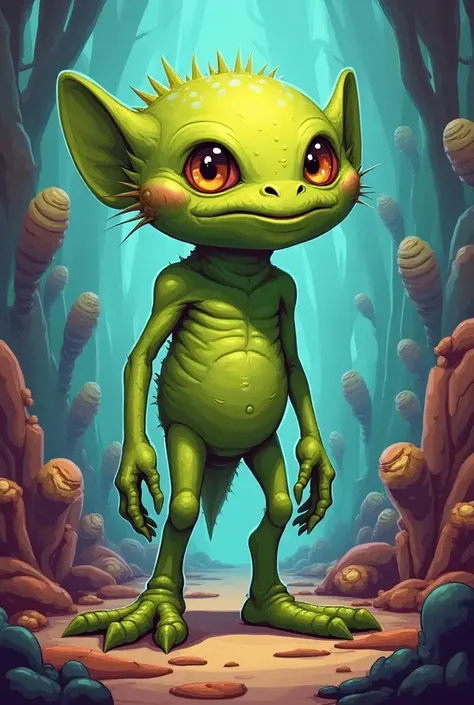 draw me a alien with no hair, fat, 4 legs, short nose, no antennae, green skin, 12 fingers and a tail and 4 eyes