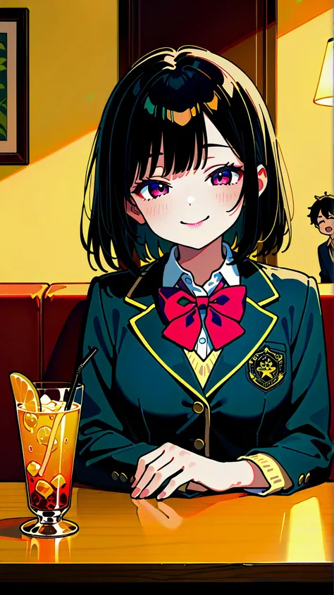 high quality:1.3,8k:1.3,Ultra-fine,Super animated,high definition,professional,綺麗に揃えられた胸くらいの長さの black hair,bangs,((She sits on the couch side by side with me on an after-school karaoke private room date:1.2)),portrait, black hair((The 3rd cutest girl in th...