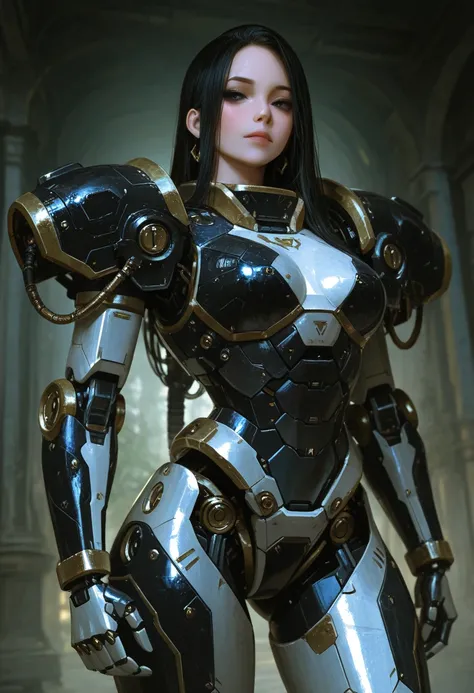 Beautiful tall woman in robotic armor with super realistic and well detailed black hair, bioorganic