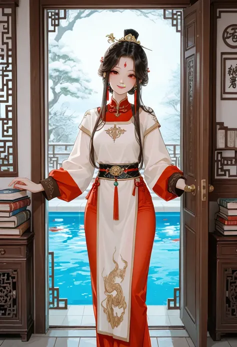  An elegant and intellectual classical Chinese woman, wearing an abdominal girdle , Standing at the door with a smile on her face,  Her skin is more radiant than snow ,  and her eyes are like a pool of clear water .  There is a faint air of books ..