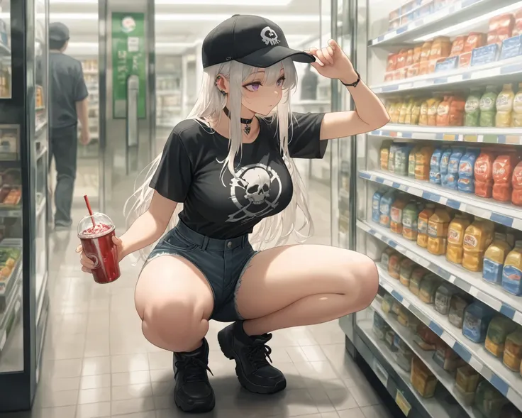 (((( Masterpiece)))), (((( TOP QUALITY)))), high resolution,fine grain, detailed face, depiction of a face expressed in great detail, Detailed Eyes 、Detailed faces、Hair drawn to the smallest detail, 1girl, baseball cap, black hat, convenience store, breast...
