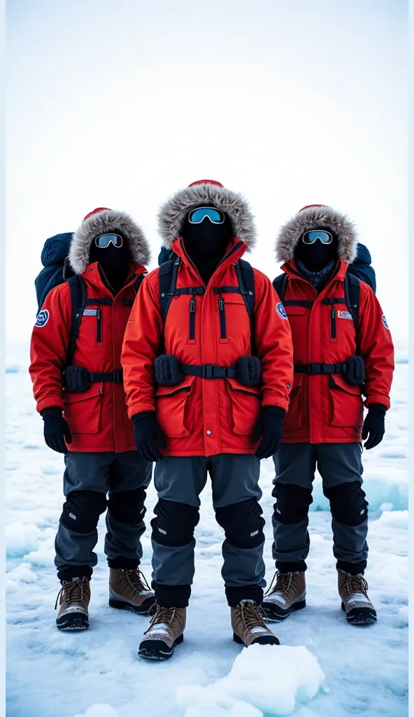 "The three explorers wearing red jackets and black backpacks enter the alien structure through the destroyed door. The interior is vast, with roofs very tall and walls covered by bright blue ice that reflects the light of their flashlights. The air is icy ...