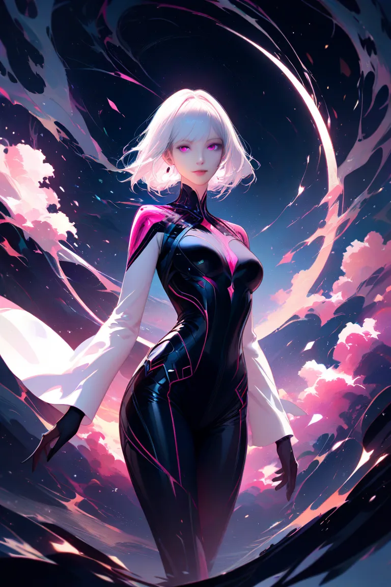 A girl with white short hair and pink eyes. She wears a black, bodysuit and separate white sleeves. Also, she has a gold earring on her right ear.