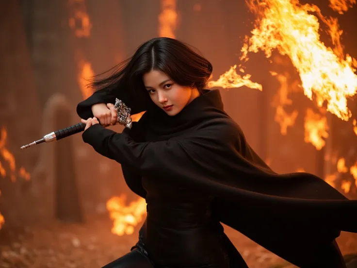 a woman with  black hair and pale skin, wielding a flaming rapier in an epic pose, wearing a black cape, against an epic fantasy background, (best quality,8k,masterpiece:1.2),ultra-detailed, dynamic action pose, dramatic lighting, cinematic, vibrant colors...