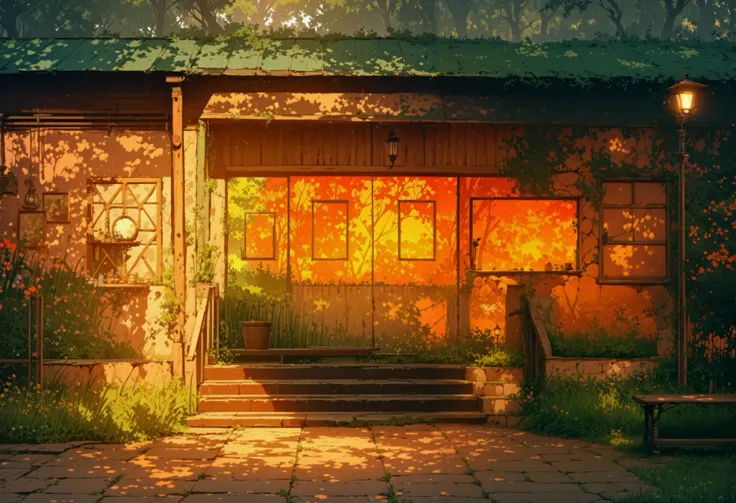 A charming, old countryside building with a rusted metal roof, bathed in the golden glow of the late afternoon sun. The warm light filters through a canopy of lush trees, casting dappled, dreamy shadows across the weathered pastel-painted walls. The front ...