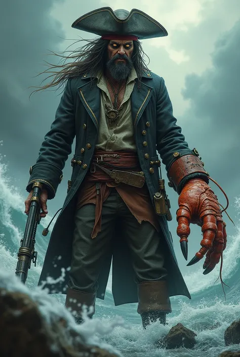 Scary pirate with lobster claw other hand holding AK-47