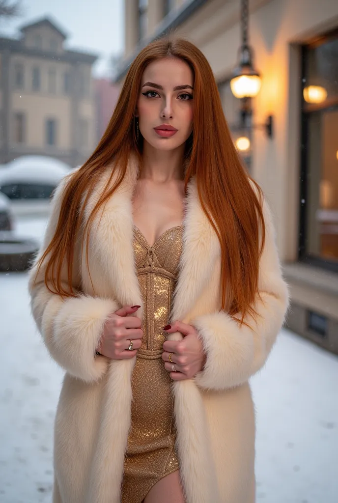 Young woman, long thick fiery red hair, 25 years old, European appearance. Posing confidently. The woman's facial expression is captivating, seductive, with a subtle smile and a slightly thoughtful look, exuding confidence and charm. Exquisite make-up, plu...